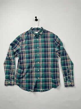 Old Navy Mens Plaid Green Blue Built In Flex Shirt Size Large Slim Long Sleeve